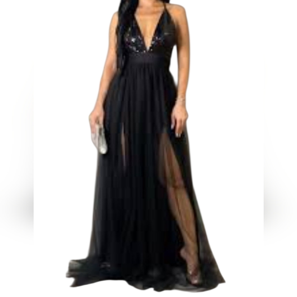 Sequin Halter Neck Maxi Dress Size M Front Slits Black Gown Mesh Dark Fairy Prom
